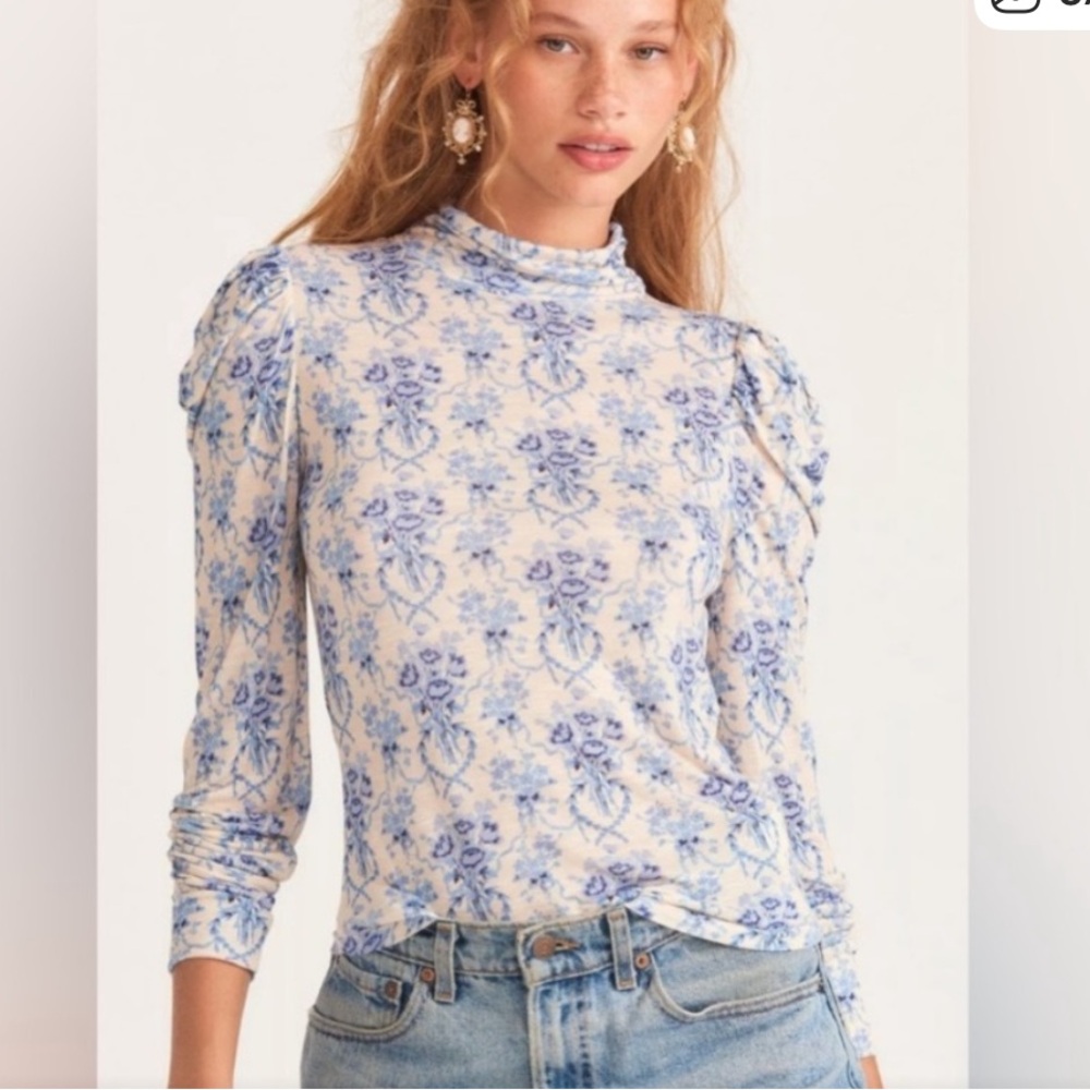 LoveShackFancy Cream and Blue Floral Mock-Neck Top
